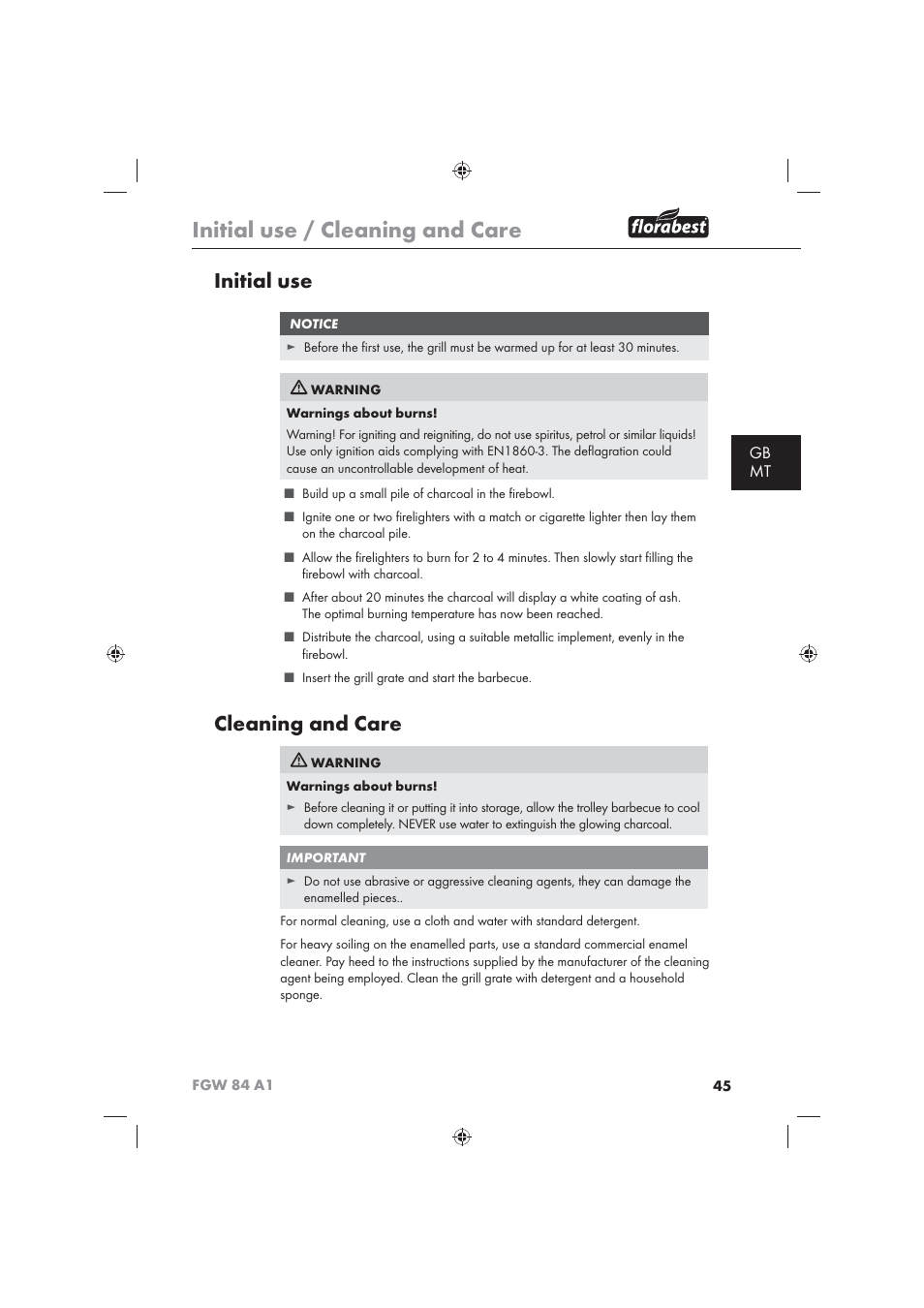 Initial use / cleaning and care, Initial use, Cleaning and care | Gb mt | Florabest FGW 84 A1 User Manual | Page 47 / 62