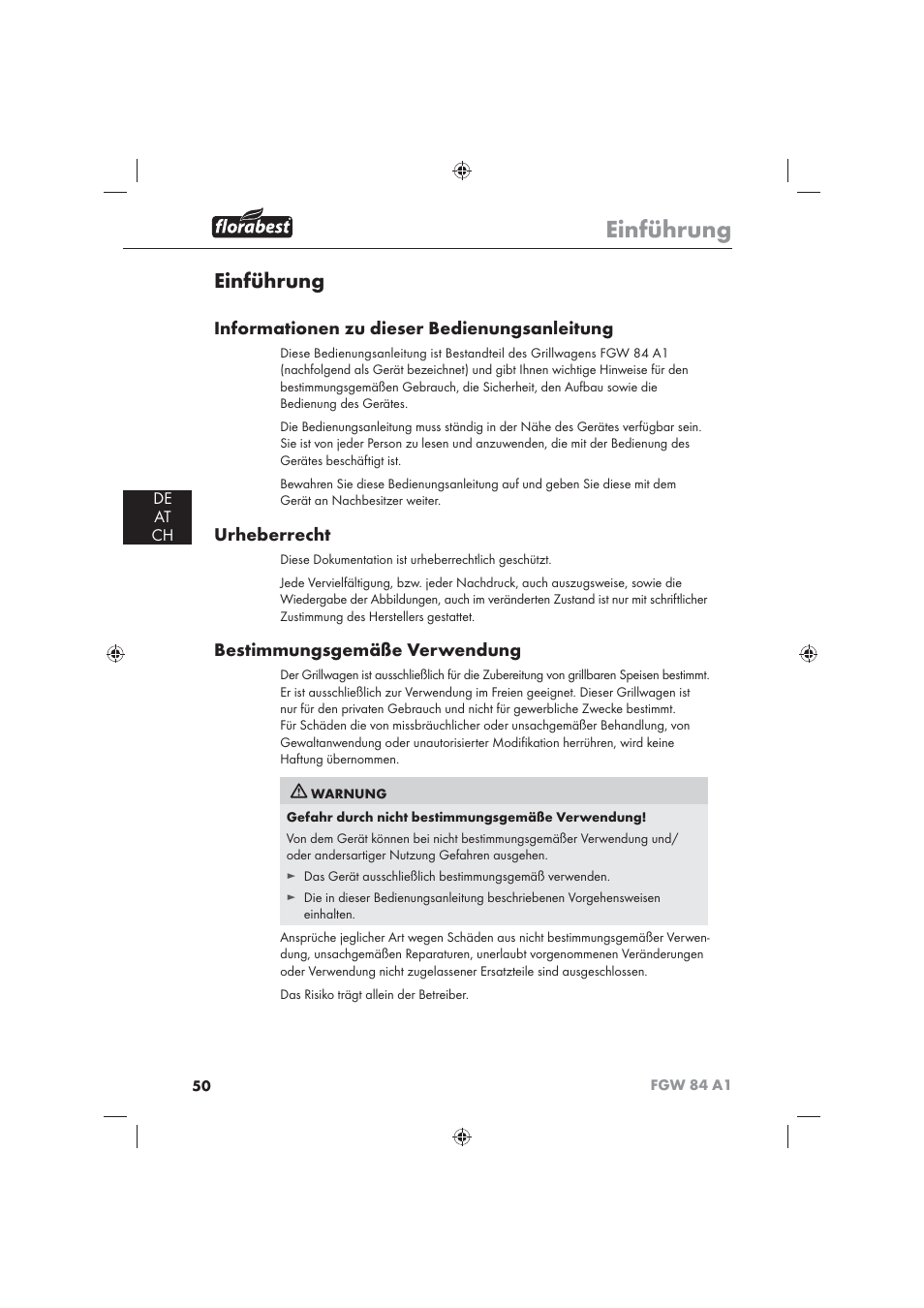 Einführung, Informationen zu dieser bedienungsanleitung, Urheberrecht | Bestimmungsgemäße verwendung | Florabest FGW 84 A1 User Manual | Page 52 / 62
