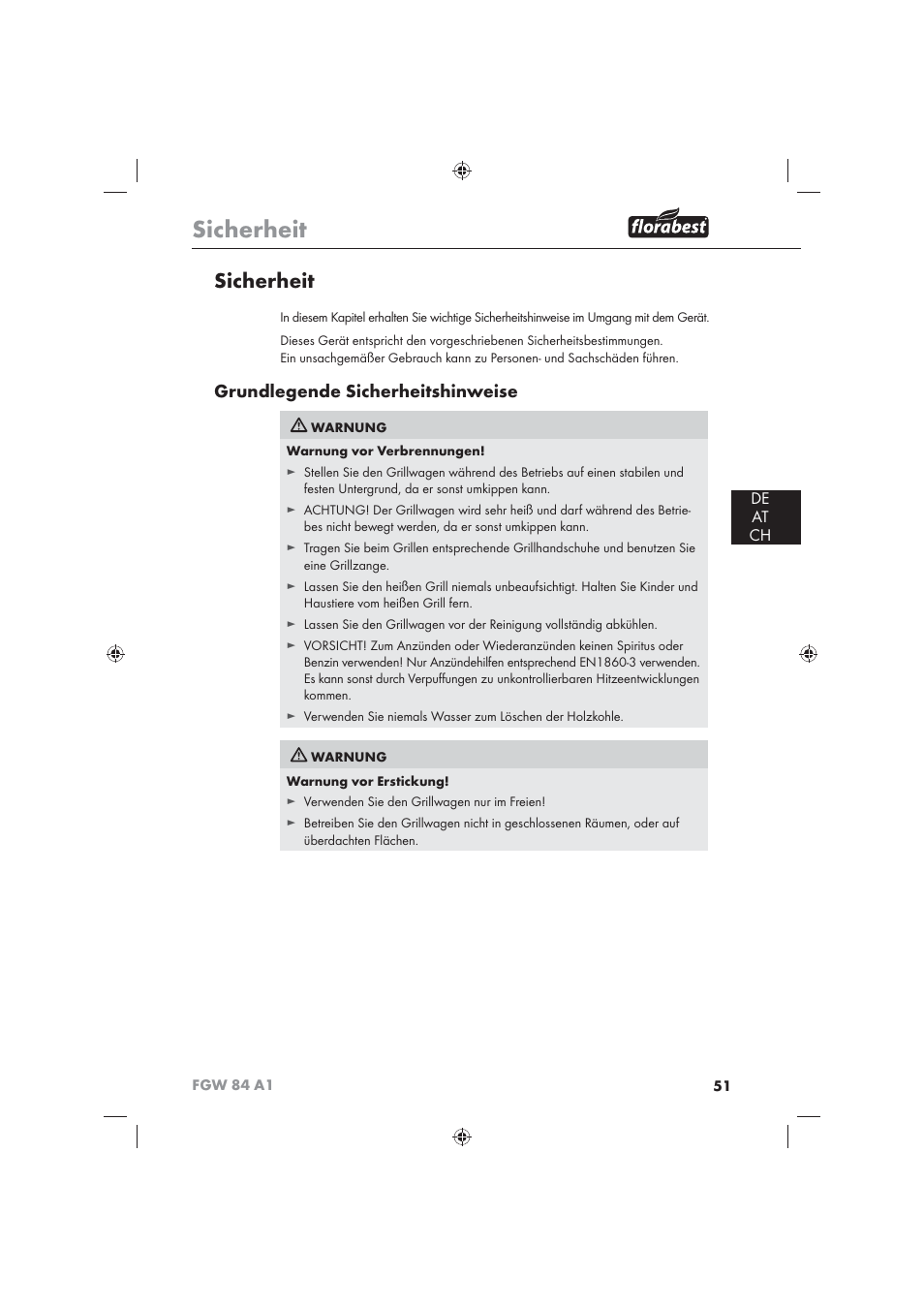 Sicherheit, Grundlegende sicherheitshinweise, De at ch | Florabest FGW 84 A1 User Manual | Page 53 / 62