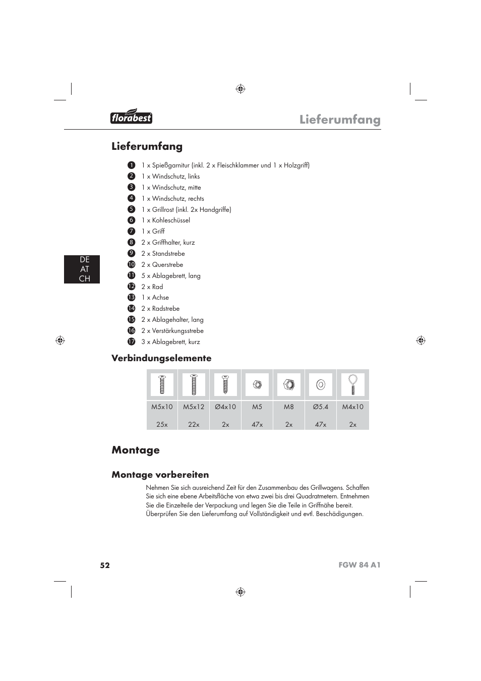 Lieferumfang, Montage, Verbindungselemente | Montage vorbereiten, De at ch | Florabest FGW 84 A1 User Manual | Page 54 / 62