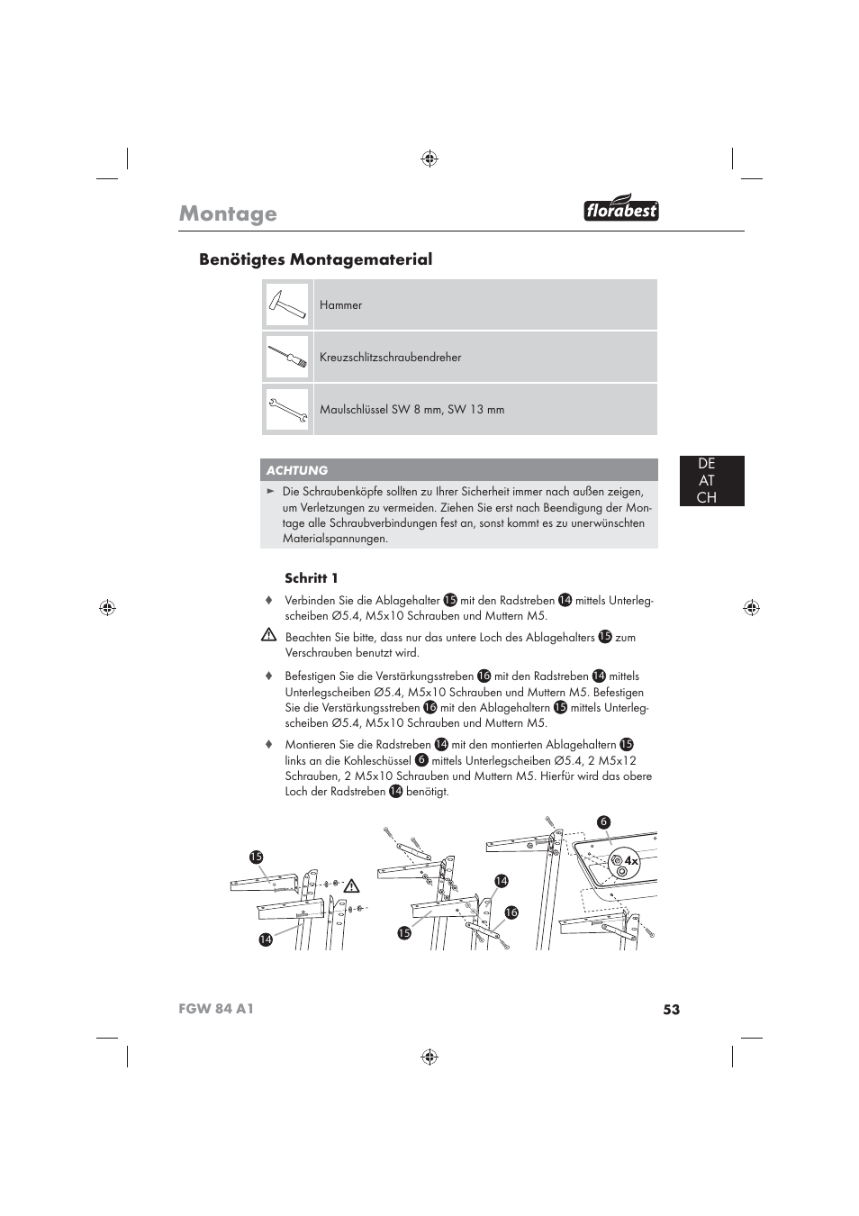 Montage, Benötigtes montagematerial, De at ch | Florabest FGW 84 A1 User Manual | Page 55 / 62