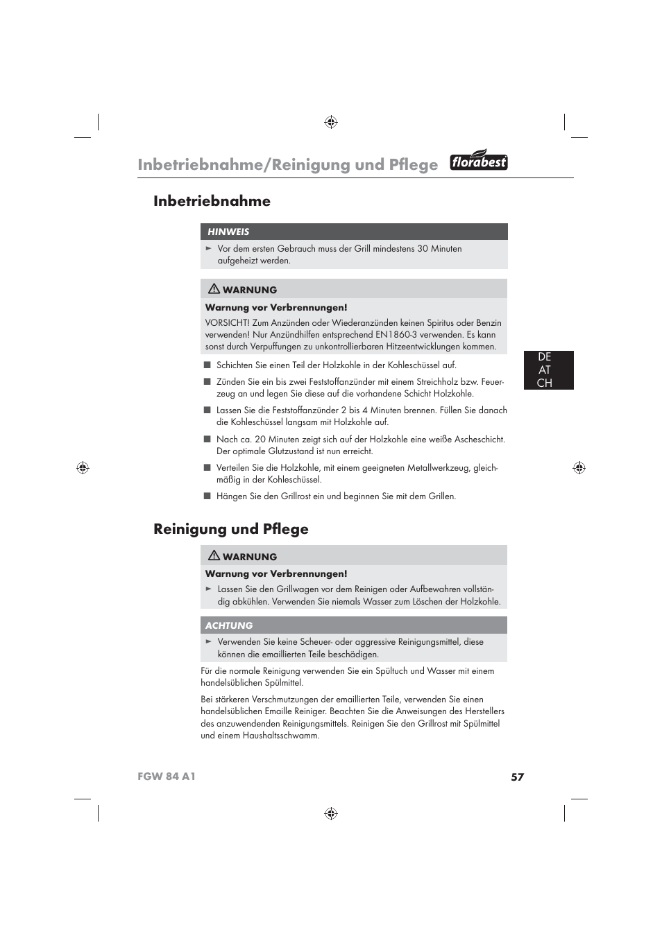 Inbetriebnahme/reinigung und pﬂ ege, Inbetriebnahme, Reinigung und pﬂ ege | De at ch | Florabest FGW 84 A1 User Manual | Page 59 / 62