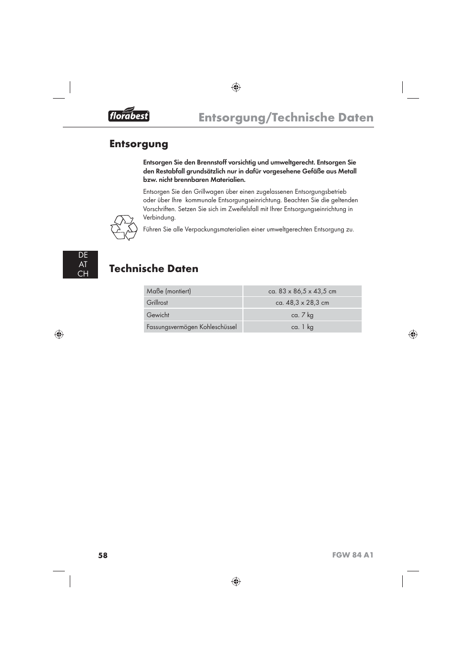 Entsorgung/technische daten, Entsorgung, Technische daten | De at ch | Florabest FGW 84 A1 User Manual | Page 60 / 62