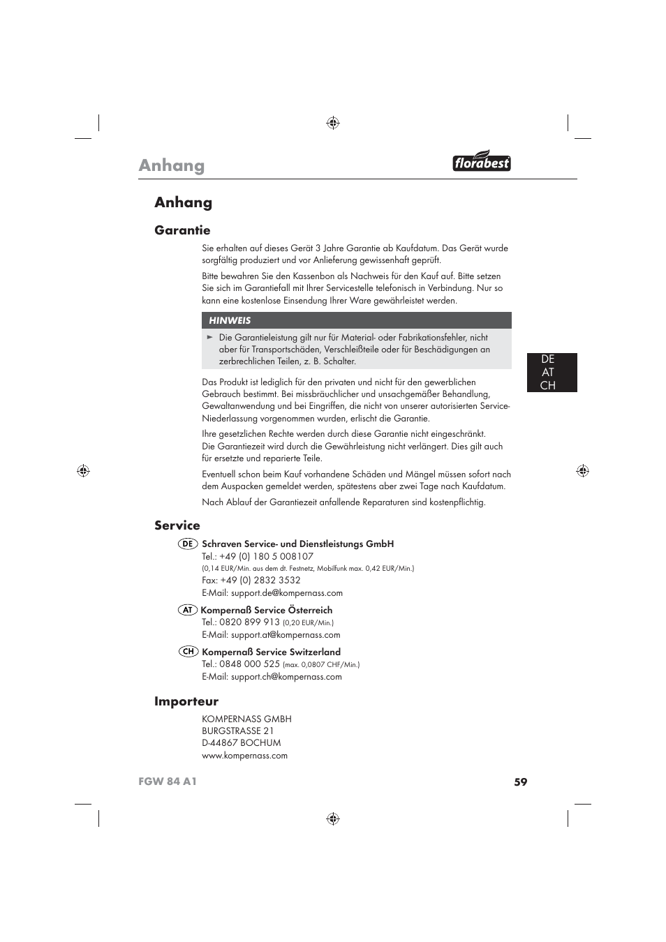 Anhang, Garantie, Service | Importeur, De at ch | Florabest FGW 84 A1 User Manual | Page 61 / 62