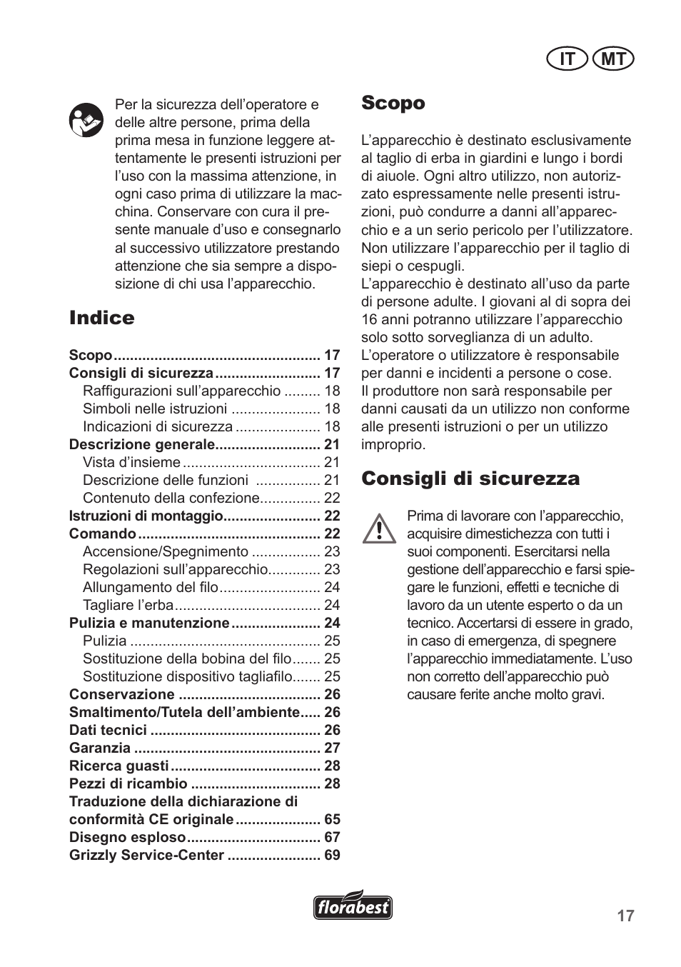Indice, Scopo, Consigli di sicurezza | It mt | Florabest FRT 450 A1 User Manual | Page 17 / 70