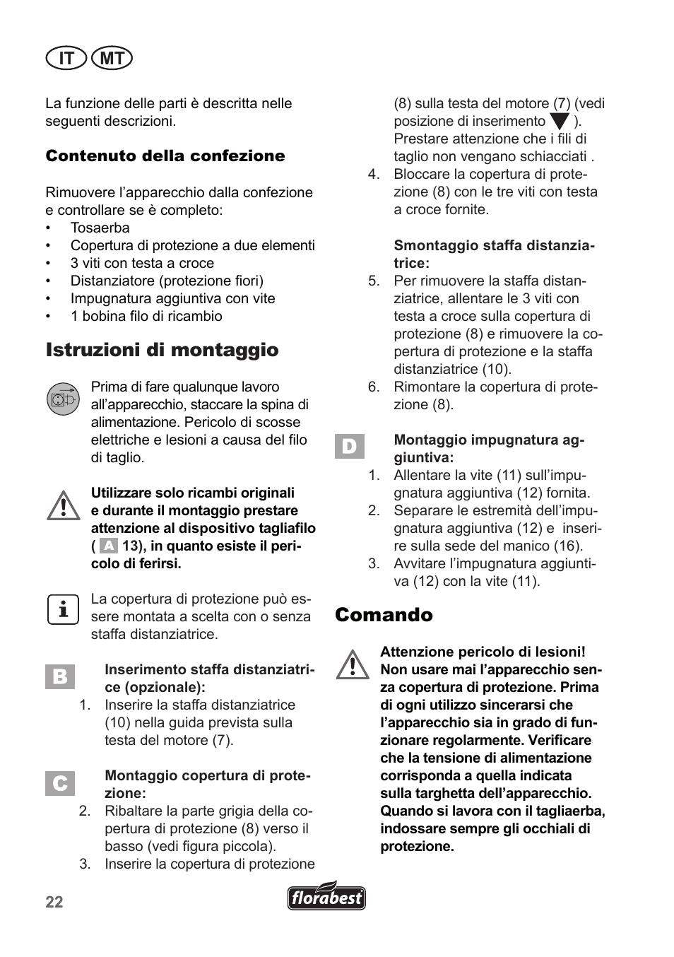 Istruzioni di montaggio, Comando, It mt | Florabest FRT 450 A1 User Manual | Page 22 / 70