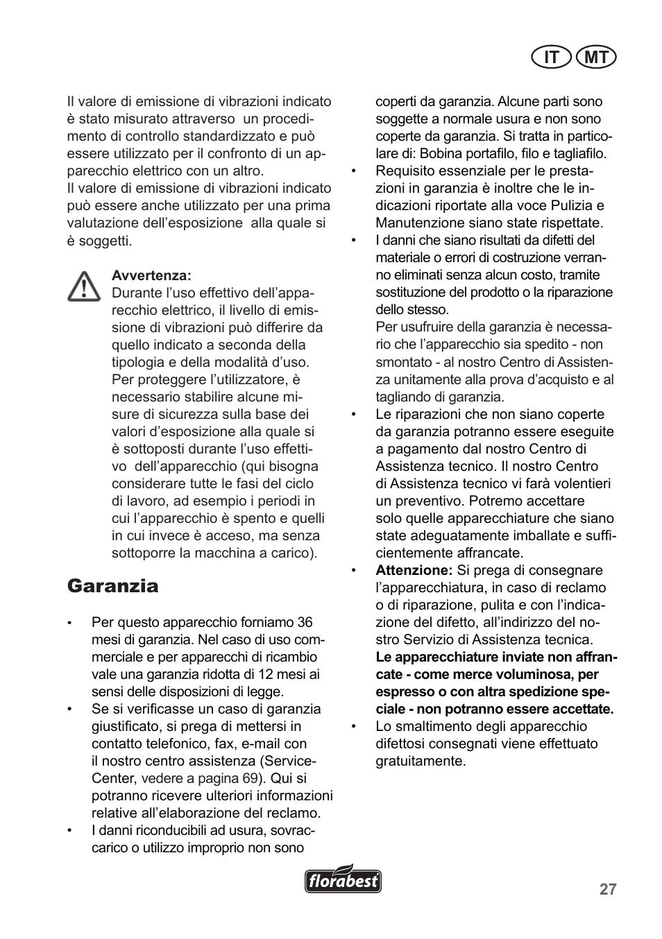 Garanzia, It mt | Florabest FRT 450 A1 User Manual | Page 27 / 70