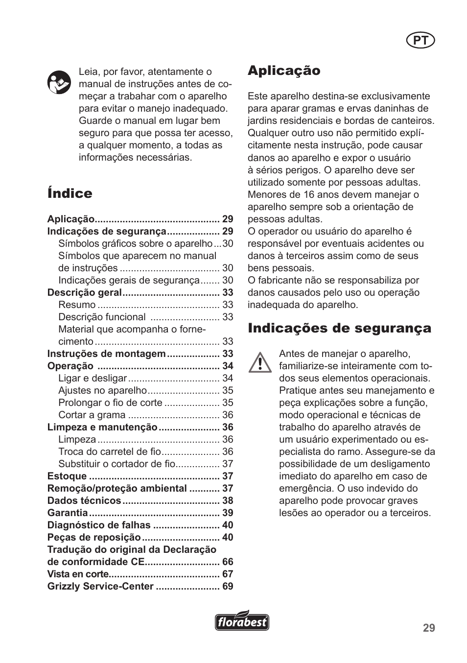 Índice, Aplicação, Indicações de segurança | Florabest FRT 450 A1 User Manual | Page 29 / 70