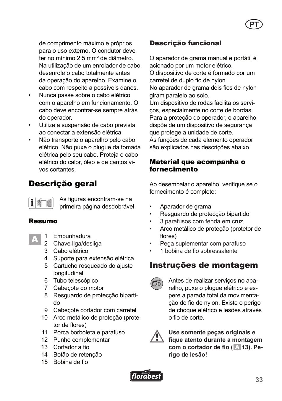 Descrição geral, Instruções de montagem | Florabest FRT 450 A1 User Manual | Page 33 / 70