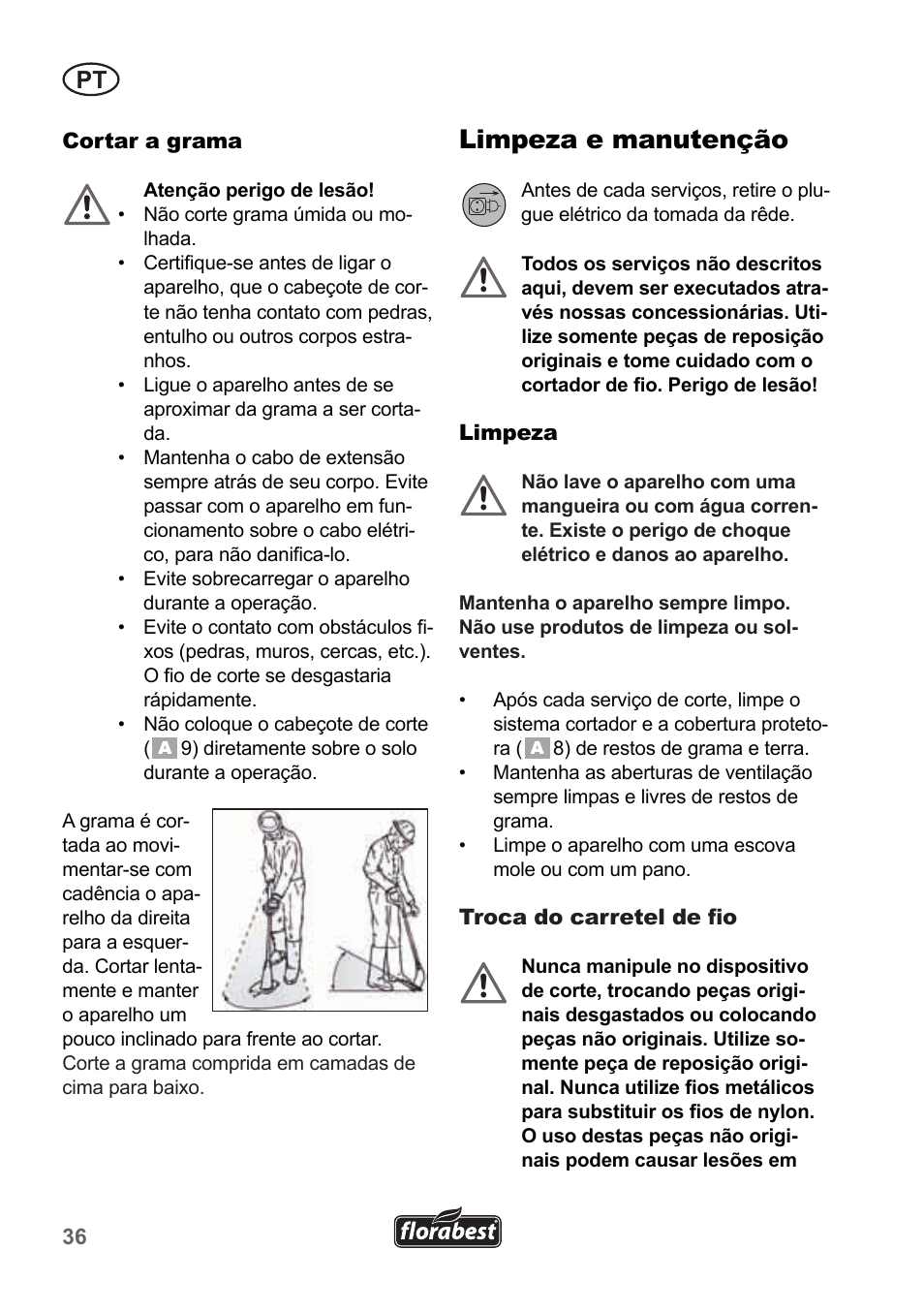 Limpeza e manutenção | Florabest FRT 450 A1 User Manual | Page 36 / 70