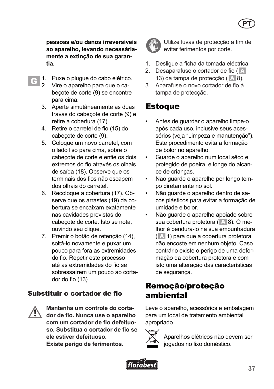 Estoque, Remoção/proteção ambiental | Florabest FRT 450 A1 User Manual | Page 37 / 70