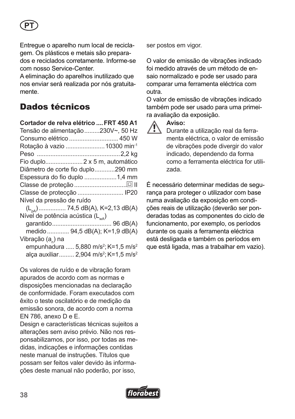 Dados técnicos | Florabest FRT 450 A1 User Manual | Page 38 / 70
