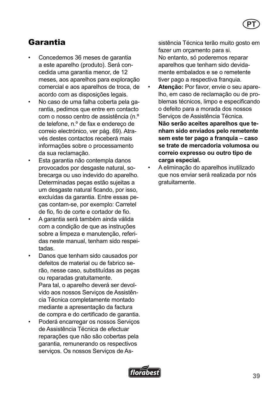 Garantia | Florabest FRT 450 A1 User Manual | Page 39 / 70