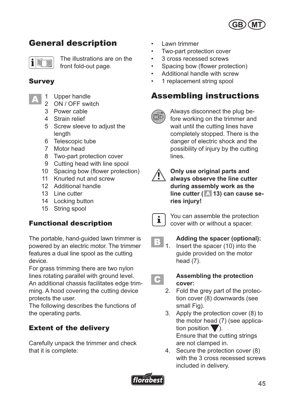 General description, Assembling instructions, Gb mt | Florabest FRT 450 A1 User Manual | Page 45 / 70