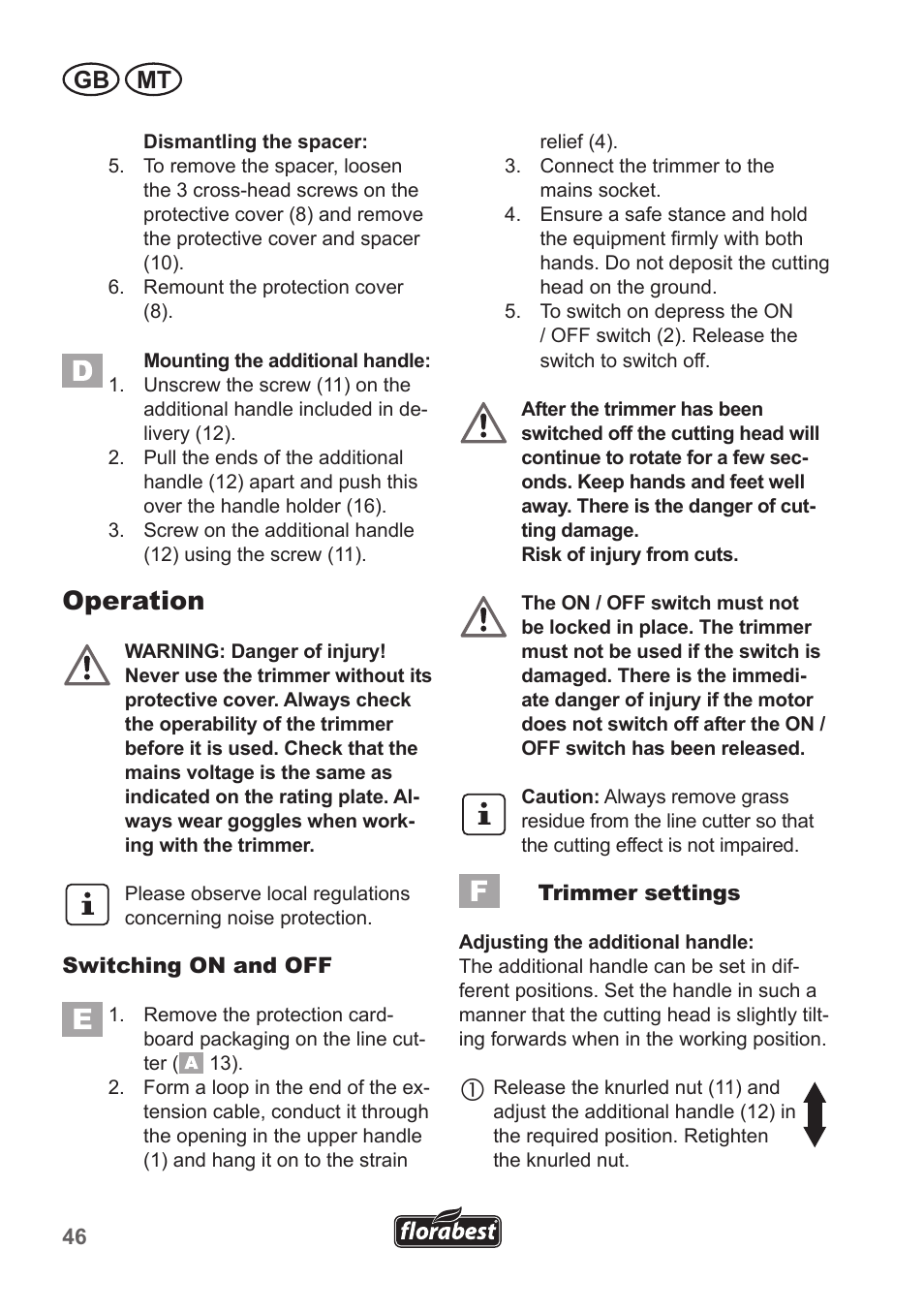 Operation, Gb mt | Florabest FRT 450 A1 User Manual | Page 46 / 70
