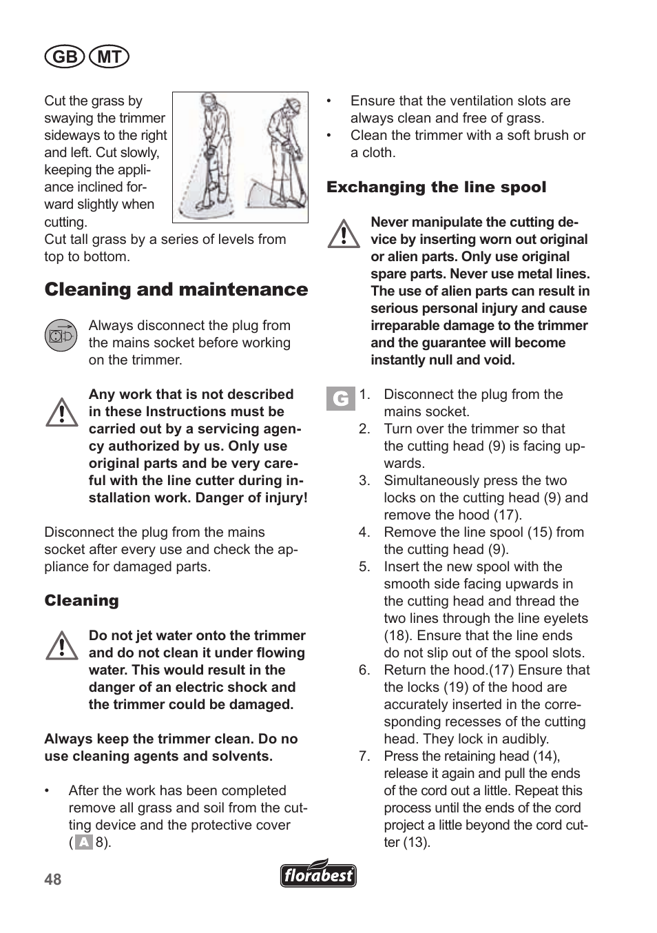 Cleaning and maintenance, Gb mt | Florabest FRT 450 A1 User Manual | Page 48 / 70