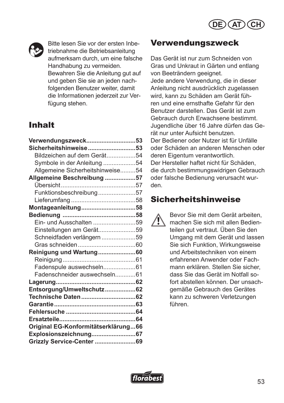 Inhalt, Verwendungszweck, Sicherheitshinweise | De at ch | Florabest FRT 450 A1 User Manual | Page 53 / 70