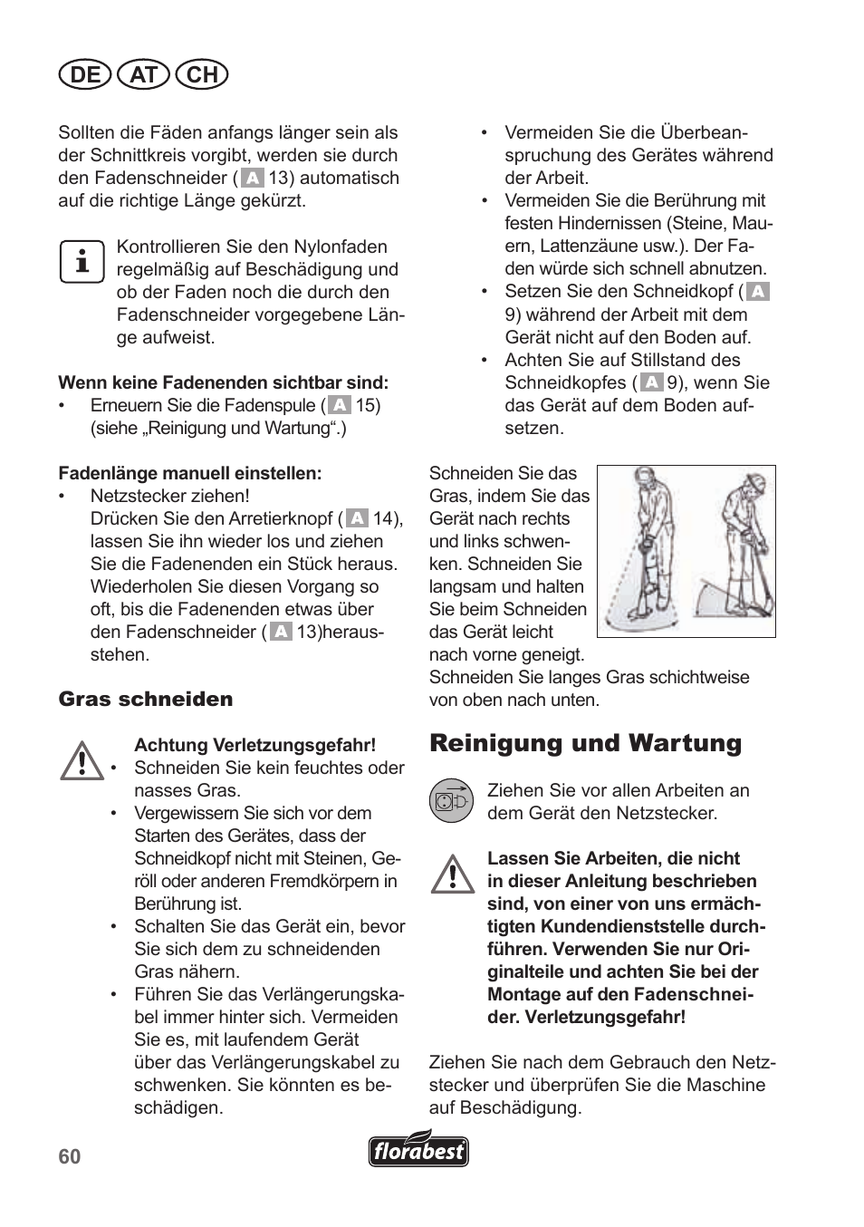 Reinigung und wartung, De at ch | Florabest FRT 450 A1 User Manual | Page 60 / 70