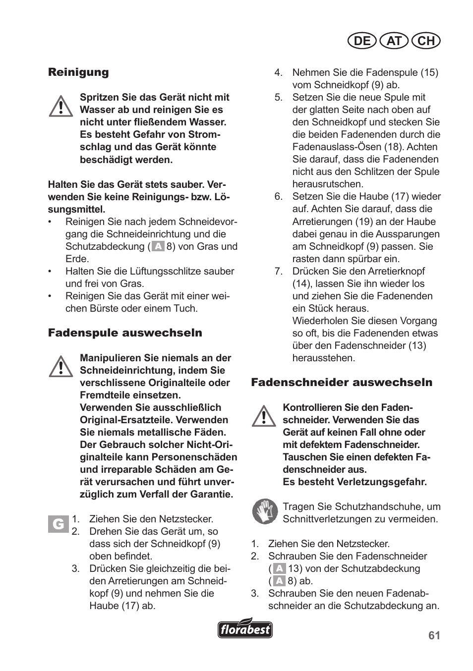 De at ch | Florabest FRT 450 A1 User Manual | Page 61 / 70