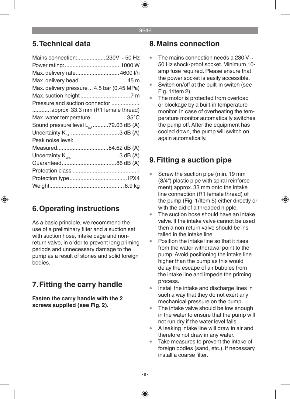 Technical data, Operating instructions, Fitting the carry handle | Mains connection, Fitting a suction pipe | Florabest FGP 1000 A1 User Manual | Page 8 / 18