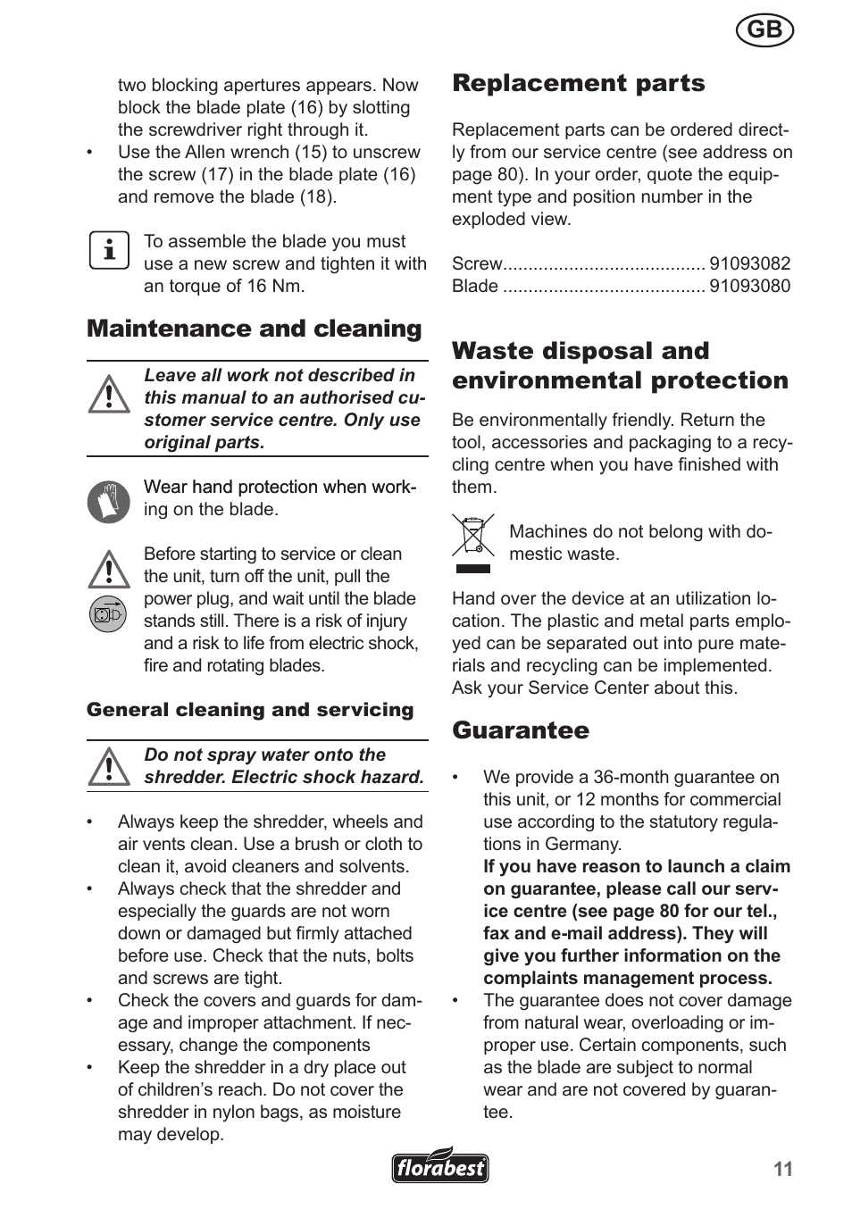 Maintenance and cleaning, Replacement parts, Waste disposal and environmental protection | Guarantee | Florabest FMH 2400 B2 User Manual | Page 11 / 81