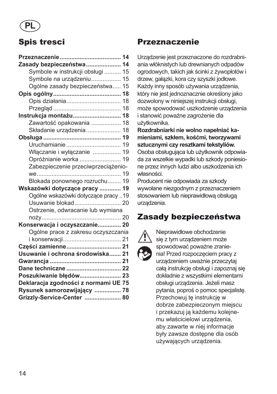 Przeznaczenie, Zasady bezpieczeństwa, Spis tresci | Florabest FMH 2400 B2 User Manual | Page 14 / 81