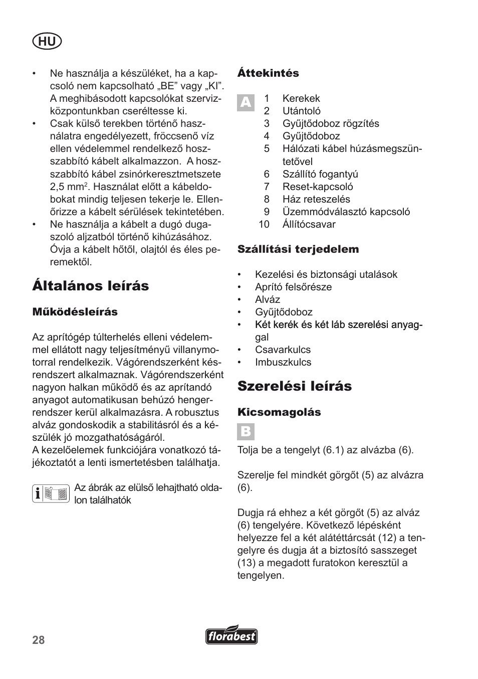 Általános leírás, Szerelési leírás | Florabest FMH 2400 B2 User Manual | Page 28 / 81