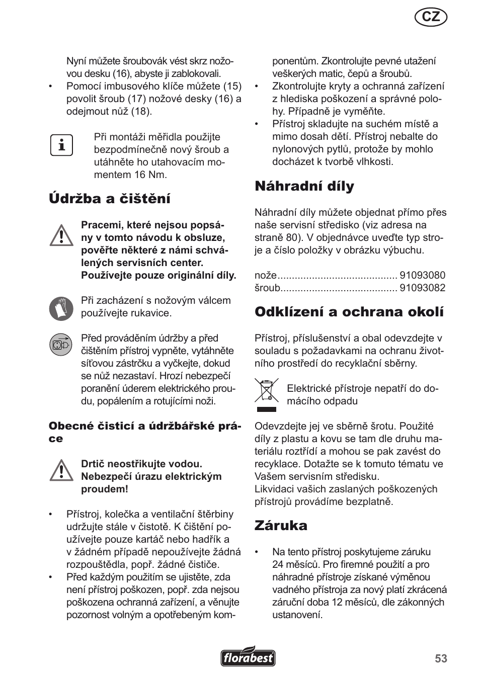 Údržba a čištění, Náhradní díly, Odklízení a ochrana okolí | Záruka | Florabest FMH 2400 B2 User Manual | Page 53 / 81