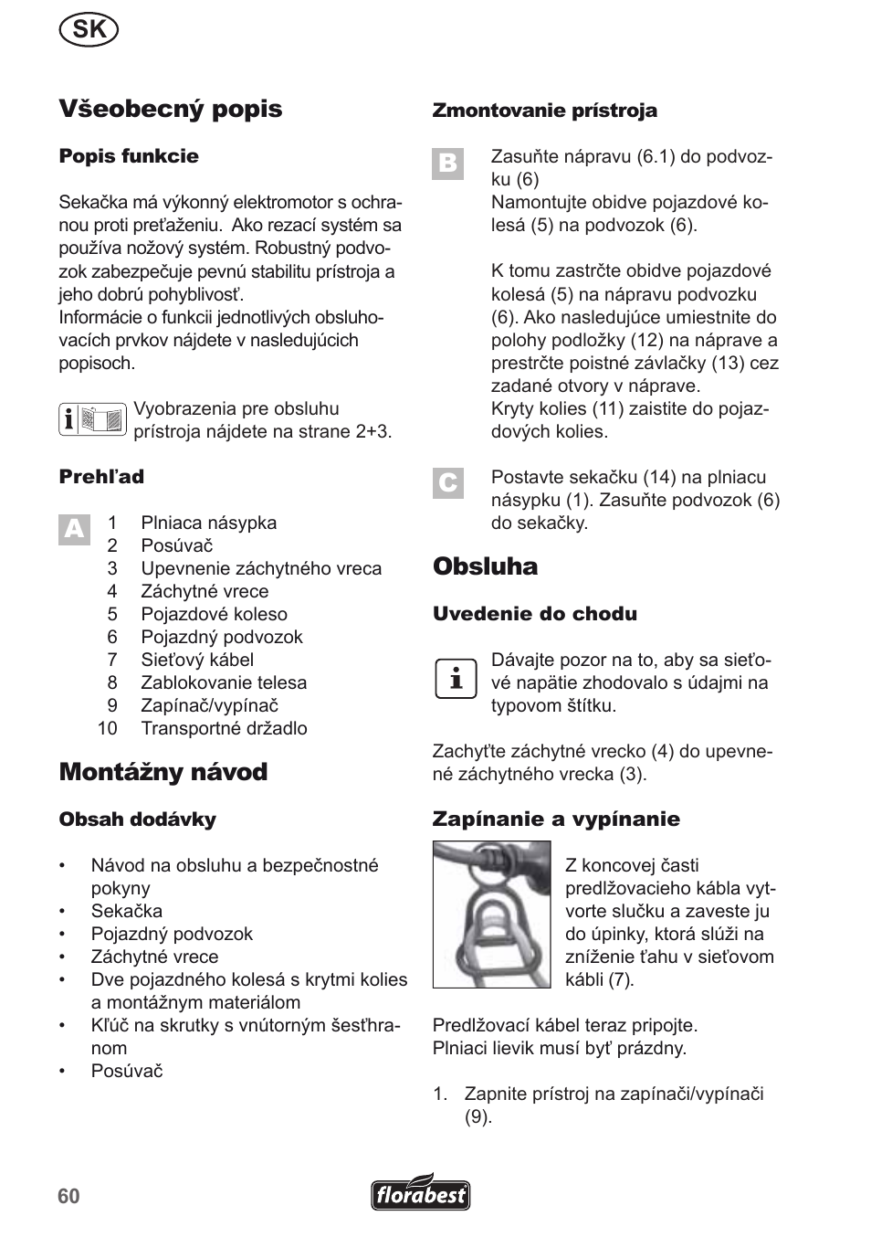 Sk všeobecný popis, Montážny návod, Obsluha | Florabest FMH 2400 B2 User Manual | Page 60 / 81