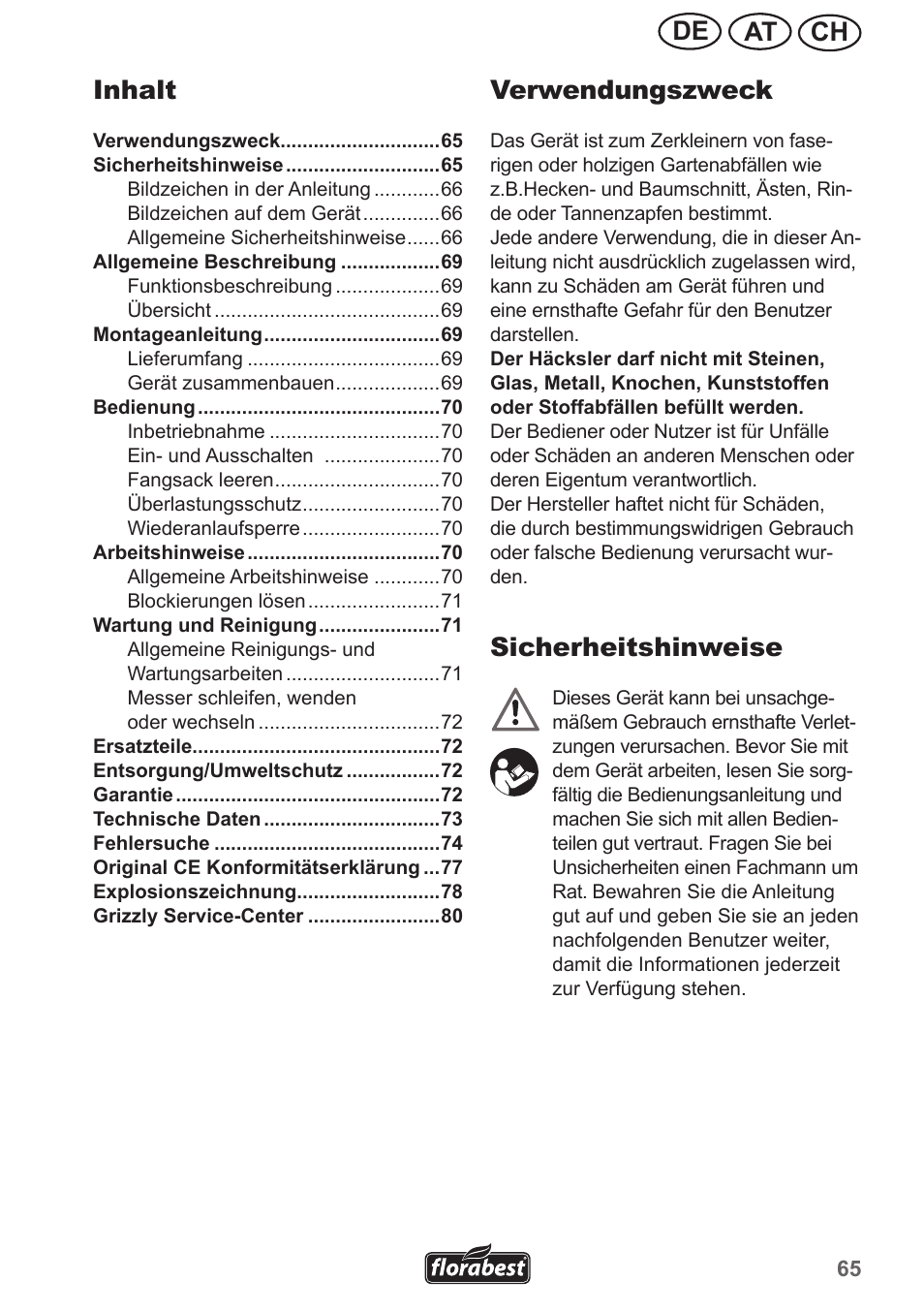 Ch at de verwendungszweck, Sicherheitshinweise, Inhalt | Florabest FMH 2400 B2 User Manual | Page 65 / 81