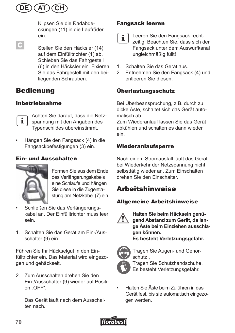 Ch at de, Bedienung, Arbeitshinweise | Florabest FMH 2400 B2 User Manual | Page 70 / 81
