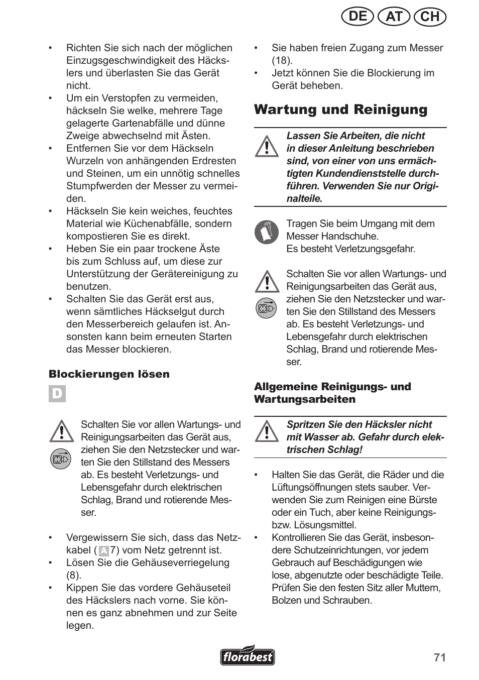 Ch at de, Wartung und reinigung | Florabest FMH 2400 B2 User Manual | Page 71 / 81