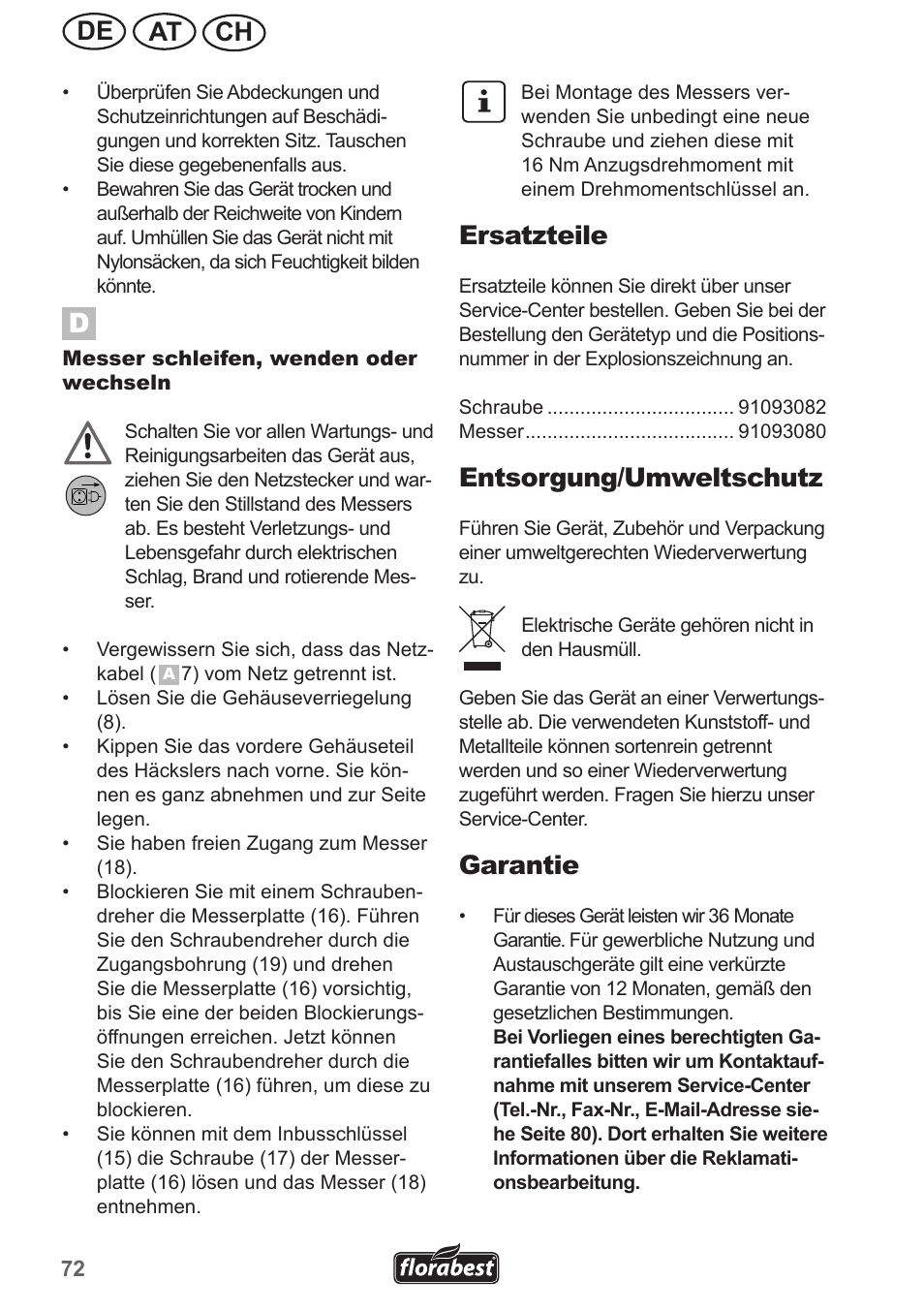 Ch at de, Ersatzteile, Entsorgung/umweltschutz | Garantie | Florabest FMH 2400 B2 User Manual | Page 72 / 81