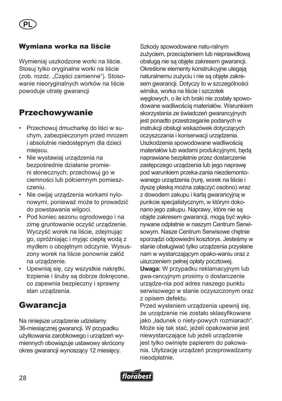 Przechowywanie, Gwarancja | Florabest FLB 2500 A3 User Manual | Page 28 / 110