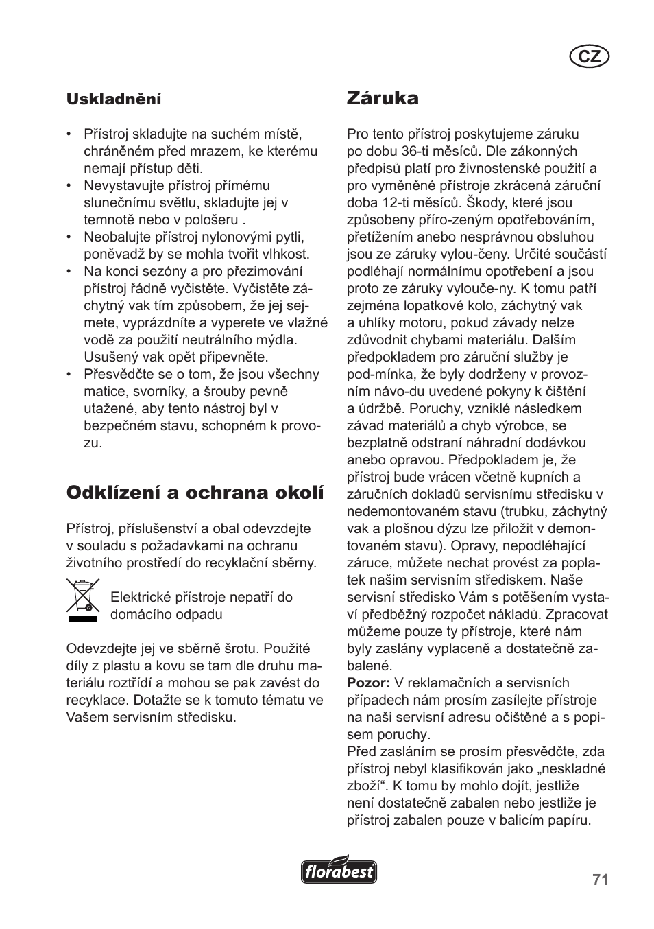 Odklízení a ochrana okolí, Záruka | Florabest FLB 2500 A3 User Manual | Page 71 / 110