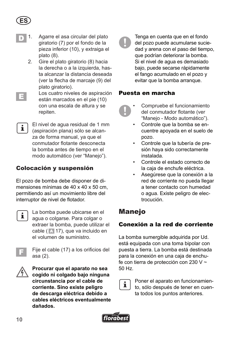 Manejo | Florabest FTP 400 A1 User Manual | Page 10 / 70