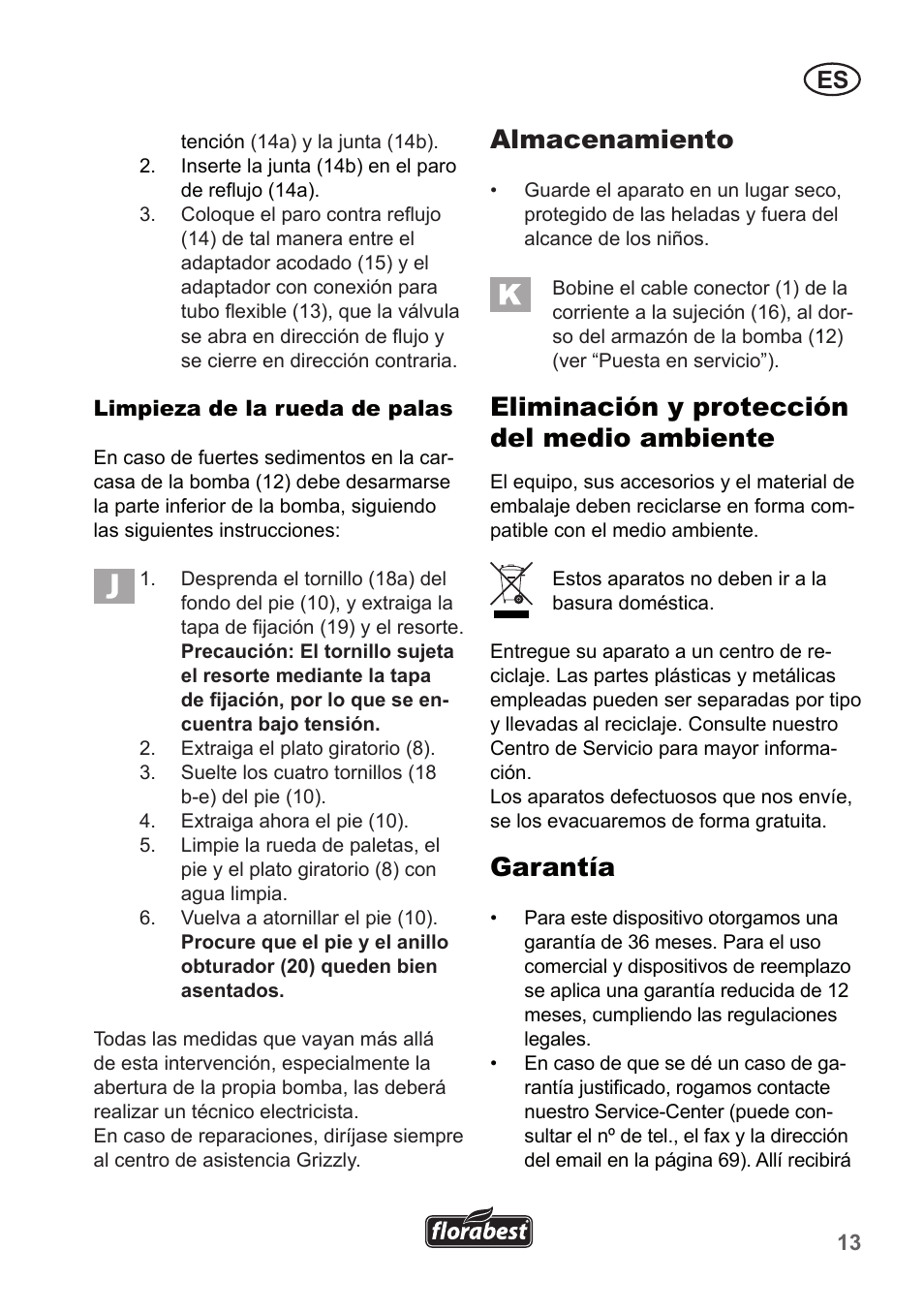 Almacenamiento, Eliminación y protección del medio ambiente, Garantía | Florabest FTP 400 A1 User Manual | Page 13 / 70