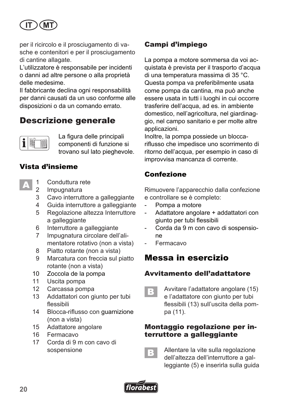 Descrizione generale, Messa in esercizio, It mt | Florabest FTP 400 A1 User Manual | Page 20 / 70