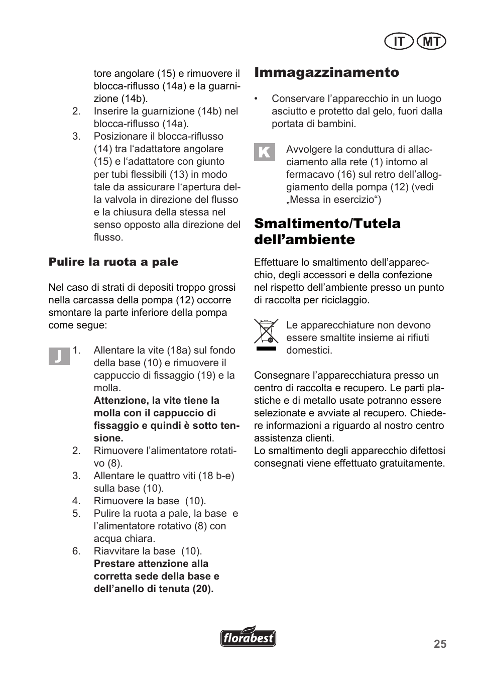Immagazzinamento, Smaltimento/tutela dell’ambiente, It mt | Florabest FTP 400 A1 User Manual | Page 25 / 70