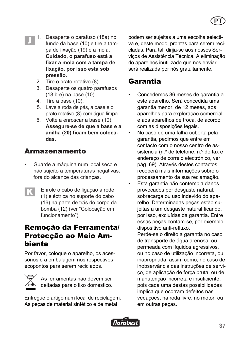 Armazenamento, Garantia | Florabest FTP 400 A1 User Manual | Page 37 / 70