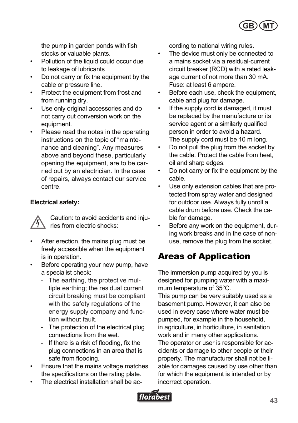 Areas of application, Gb mt | Florabest FTP 400 A1 User Manual | Page 43 / 70