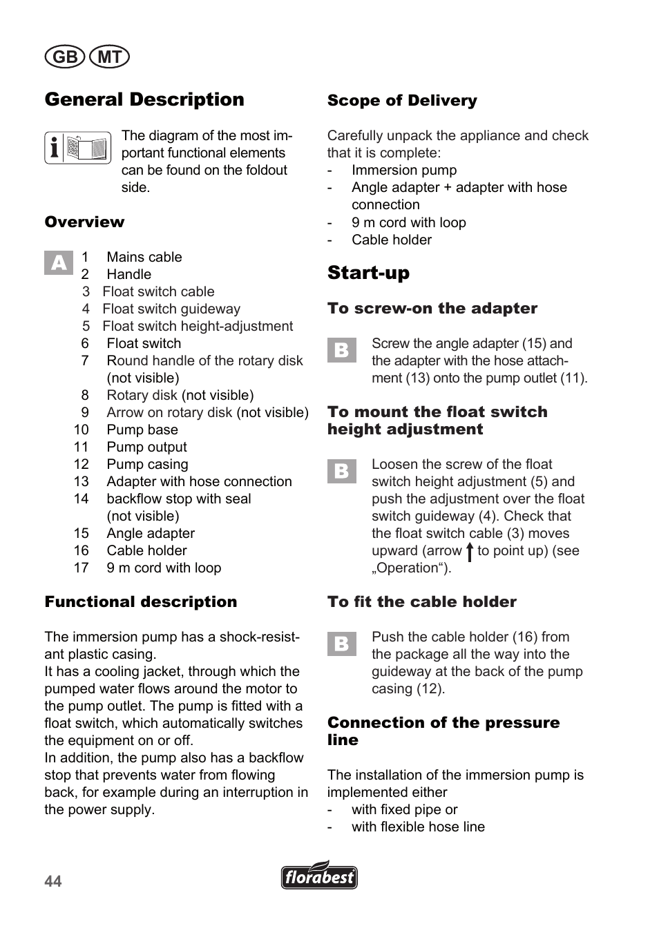 General description, Start-up, Gb mt | Florabest FTP 400 A1 User Manual | Page 44 / 70