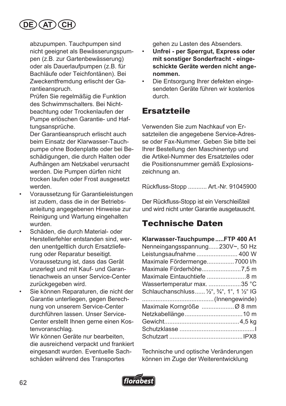 Ersatzteile, Technische daten, De at ch | Florabest FTP 400 A1 User Manual | Page 62 / 70