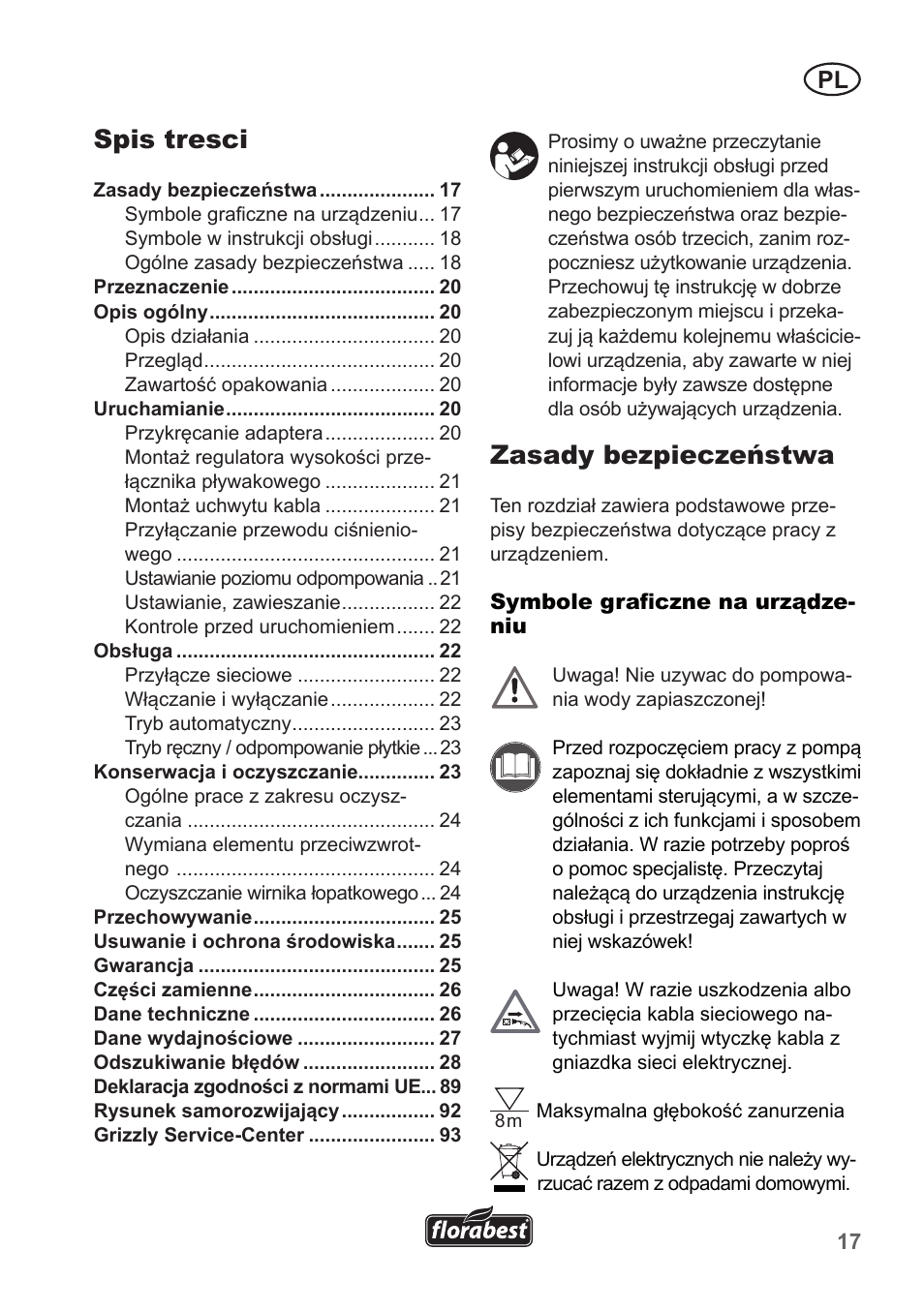 Zasady bezpieczeństwa, Spis tresci | Florabest FTP 400 A1 User Manual | Page 17 / 94