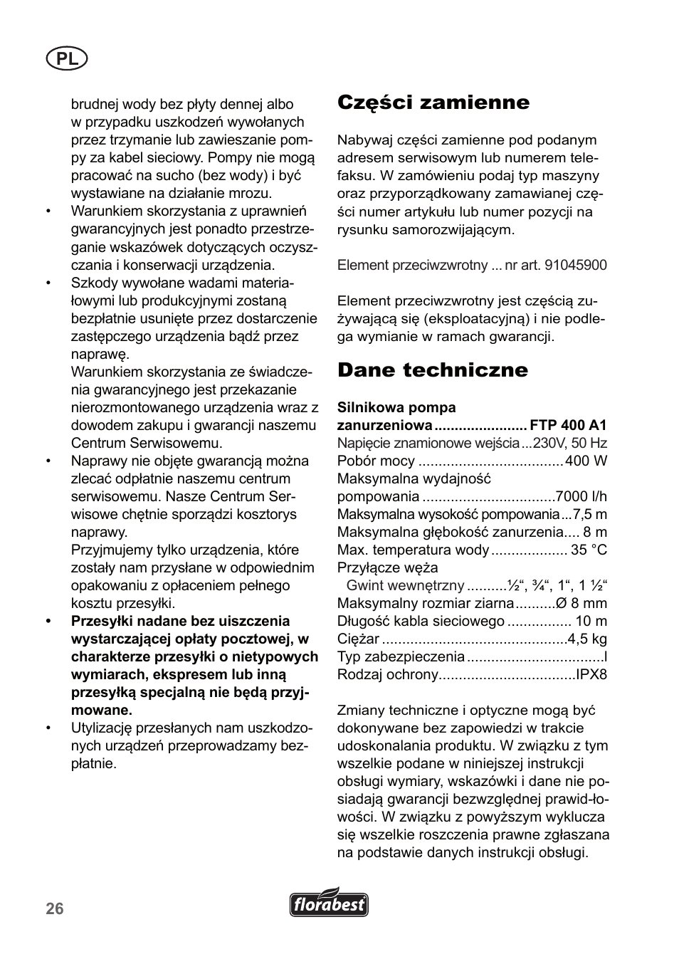 Części zamienne, Dane techniczne | Florabest FTP 400 A1 User Manual | Page 26 / 94