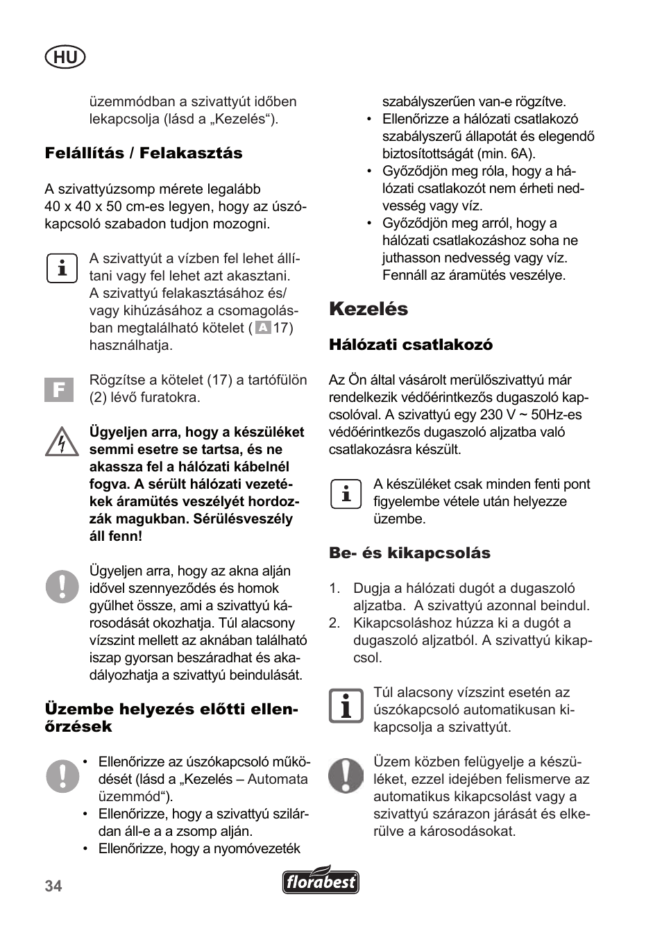 Kezelés | Florabest FTP 400 A1 User Manual | Page 34 / 94