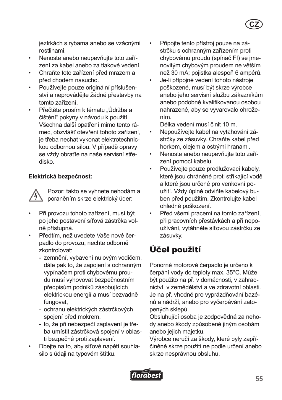 Účel použití | Florabest FTP 400 A1 User Manual | Page 55 / 94