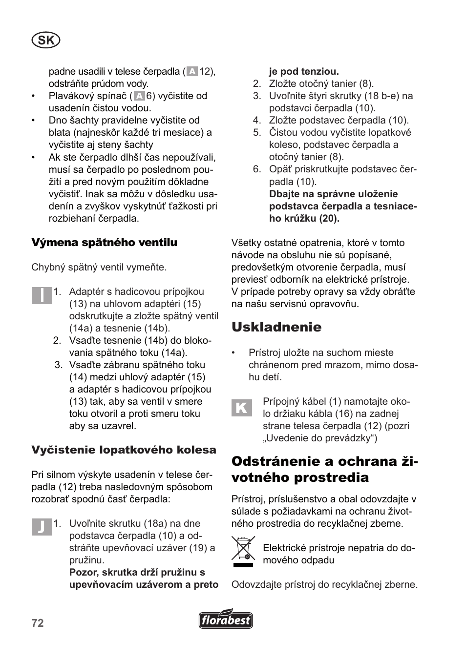 Uskladnenie, Odstránenie a ochrana ži- votného prostredia | Florabest FTP 400 A1 User Manual | Page 72 / 94