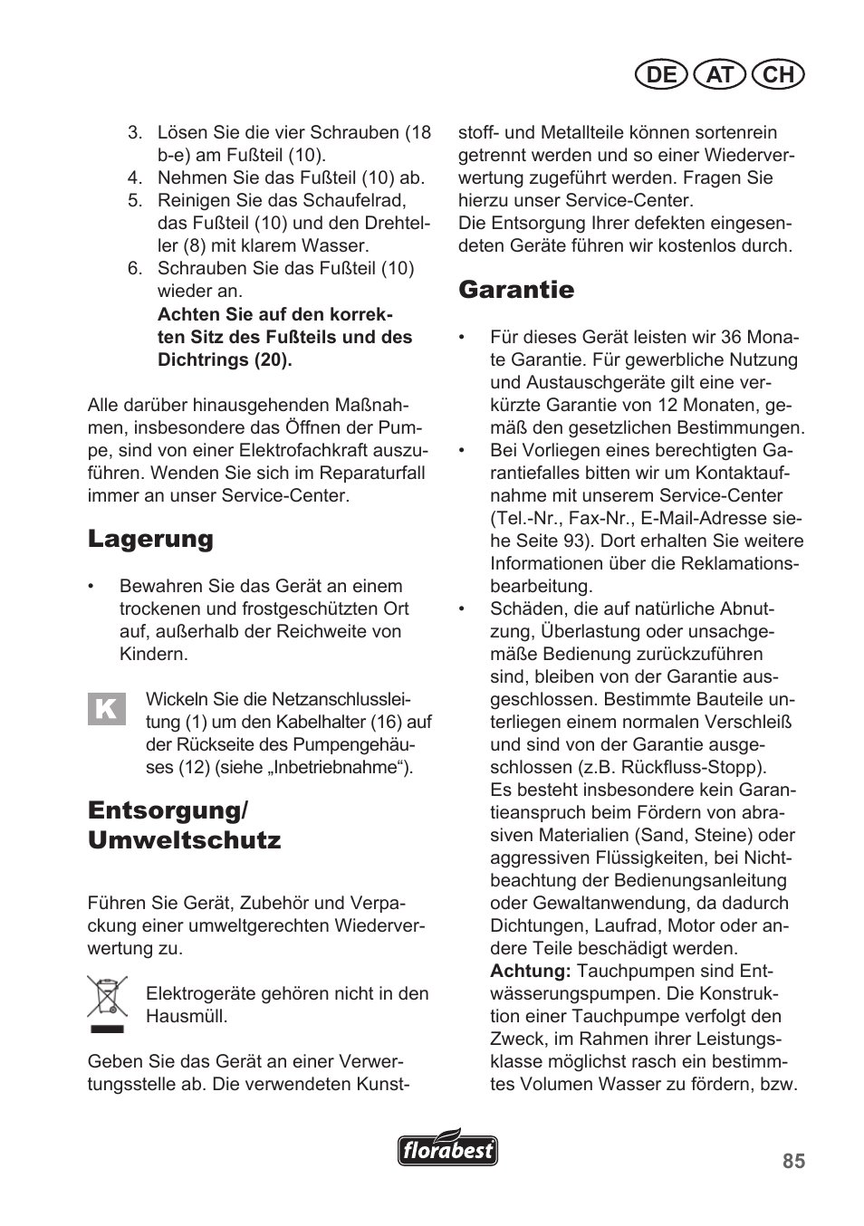 Lagerung, Entsorgung/ umweltschutz, Garantie | De at ch | Florabest FTP 400 A1 User Manual | Page 85 / 94