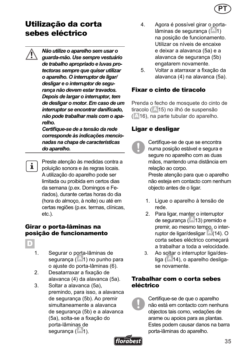 Utilização da corta sebes eléctrico | Florabest FHL 900 A1 User Manual | Page 35 / 70